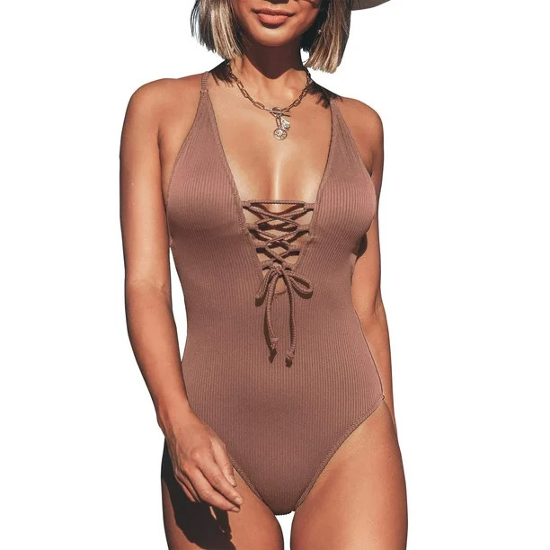 Cupshe Women's Solid Color V Neck One Piece Swimsuit Lace Up Monokini | Walmart (US)
