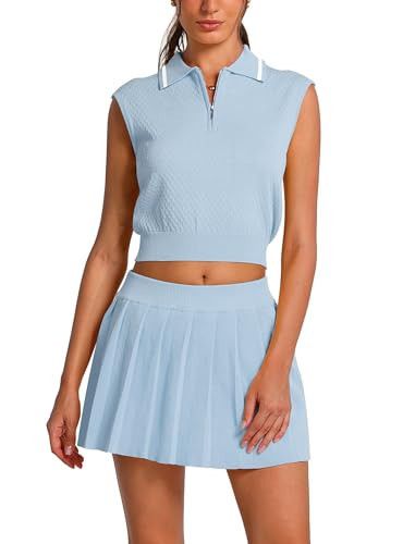 ABOCIW Tennis Skirt Sets Women 2 Piece Outfits Knit Half Zip Tank Top Pleated Tennis Skirts with Shorts Workout Athletic Dress Active Golf Outfits for Women Summer Two Piece Sets Sky Blue Small | Amazon (US)