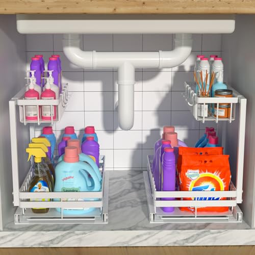 IncepKick 2 Heights Set Under Sink Organizers and Storage for Bathroom and Kitchen 2 Tier Sliding Under Sink Cabinet Storage Shelves with 4 Hooks L-Shaped (White, 2Pack) | Amazon (US)