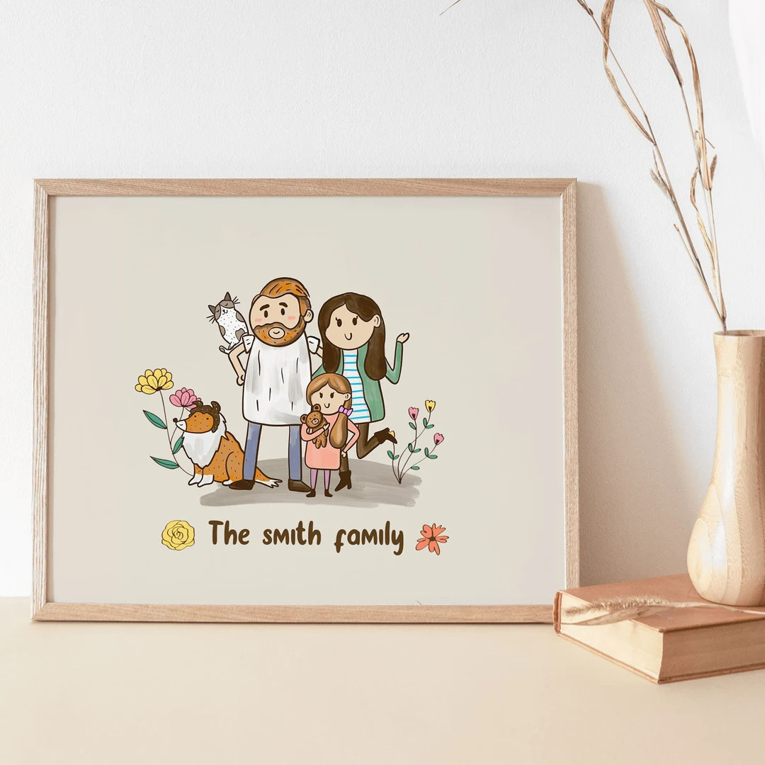 Family Portrait illustration with pets, Cute Custom Cartoon Drawing, Gift For Mom, personalized g... | Etsy (US)