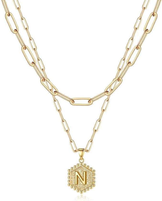 Dainty Layered Initial Necklaces for Women, 14K Gold Plated Paperclip Chain Necklace Simple Cute ... | Amazon (US)