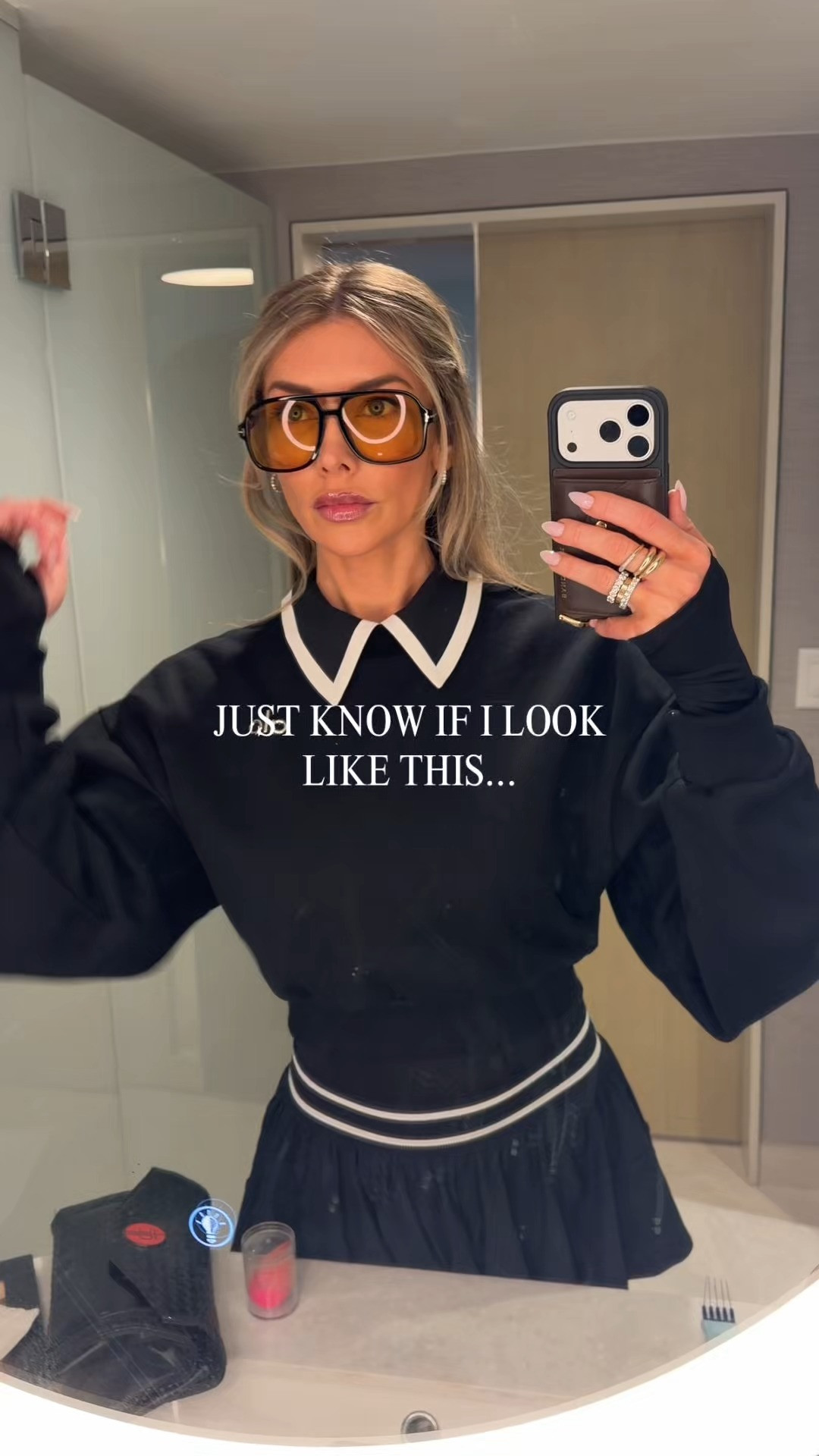 Wearing my Alice + Olivia collared bodysuit under an Alo crewneck sweatshirt and FP Movement skirt. My exact sunglasses are Tom Ford, but I linked some similar options.  

 #LTKdayinmylife #LTKgrwm #LTKootd