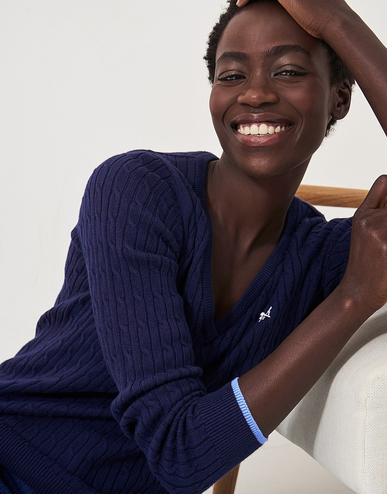 Women's Navy Cotton Cashmere V Neck Cable Knit Jumper from Crew Clothing Company | Crew Clothing (UK)