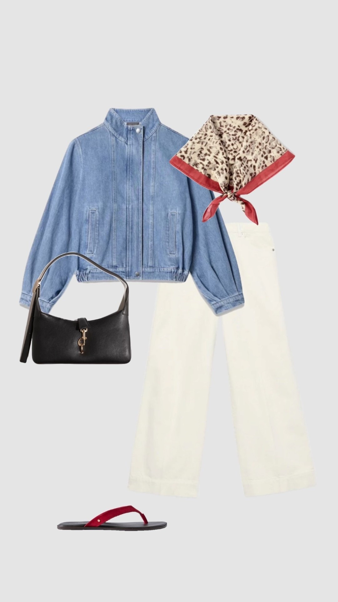 Denim Funnel Light Blue Bomber Jacket Transitional Outfit 

• beige leopard print scarf cream high waisted wide leg jeans black shoulder bag red flop sandals summer autumn holiday city break outfit brunch pub uk outfit women’s 2026 outfits september august trendy style petite fashion transitional jackets  everyday outfit ideas •

#LTKuk #LTKsummer #LTKautumn