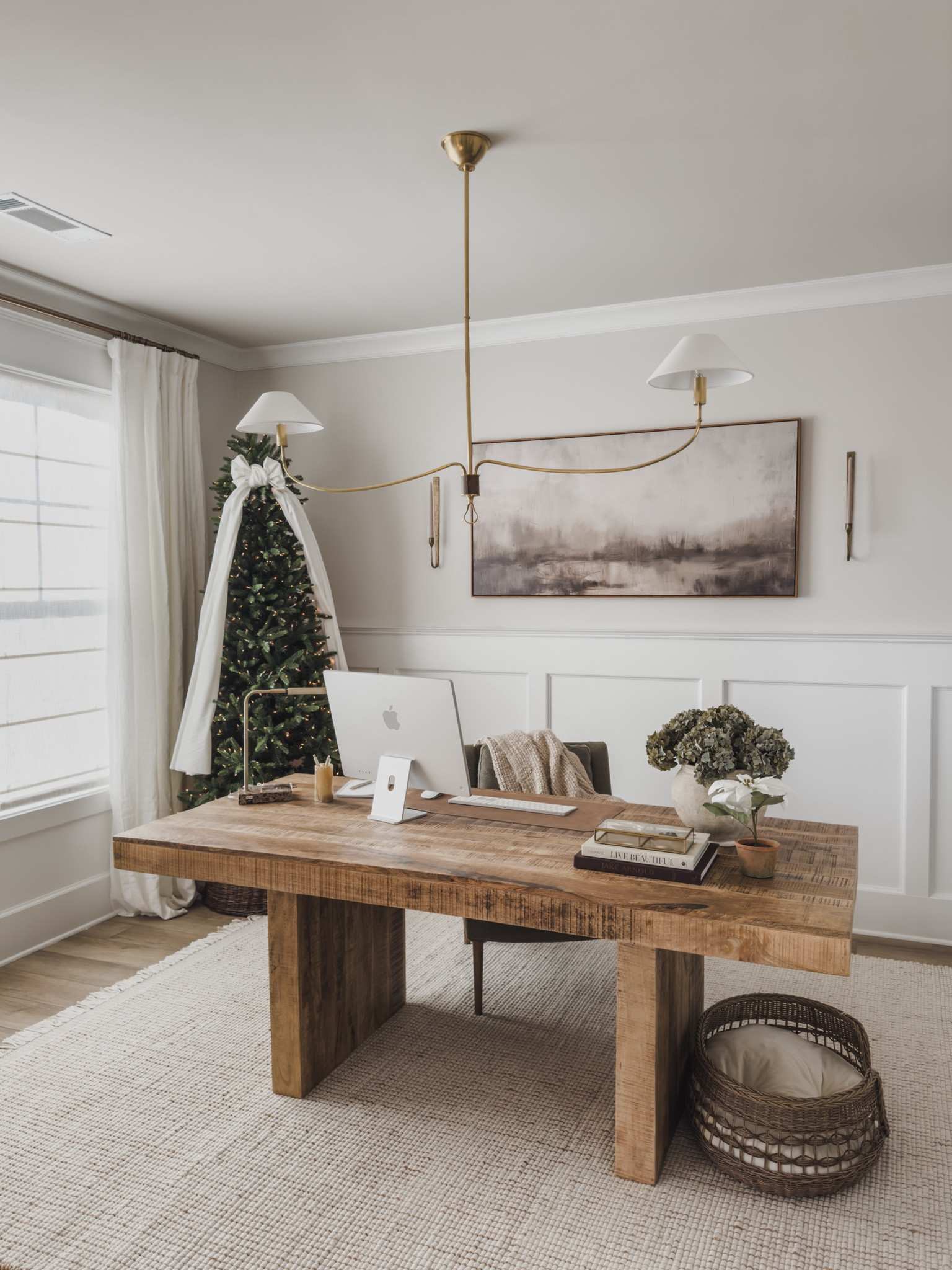 Holiday home office styled with creamy linens, textured neutrals, affordable art finds, and wayfair furniture finds! My exact desk (actually a dining table) is back and stock. The quality is 10/10 and the price is great. 

Also sharing the look for  less details below 🫶🏼. 
 
Furniture Finds, Amber Lewis, home office, holiday decor, for the home, curtain details, lighting design, shop the look! 

#LTKHoliday #LTKHome #LTKSeasonal