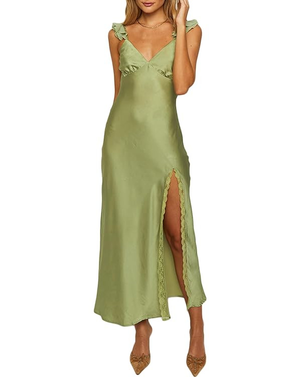 Summer Satin Lace Backless Spaghetti Strap Maxi Dress for Wedding Guest Silk Sleeveless V Neck Sl... | Amazon (US)