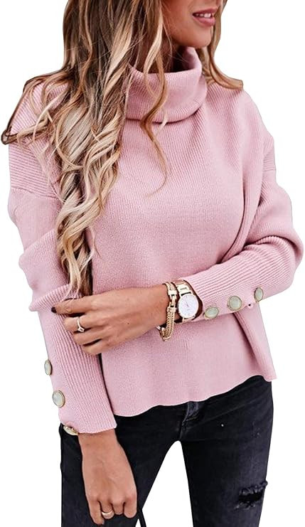 Qiuwon Womens Turtleneck Knit Sweaters Jumpers Casual Button Long Sleeve Chunky Loose Pullover | Amazon (US)