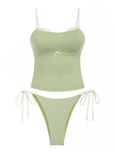 seamoly Gingham Lace Up Tied Back Bowknot Decor Tie Side Tankini Set, Light Green, L | Amazon (US)