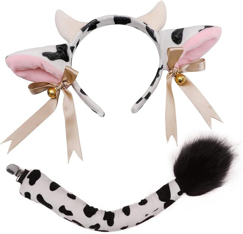YDEVERLIN Cow Headband Ears and Tail 2pcs set Cow Ears Horns Headband Bow Ribbon Bells Headwear E... | Amazon (US)
