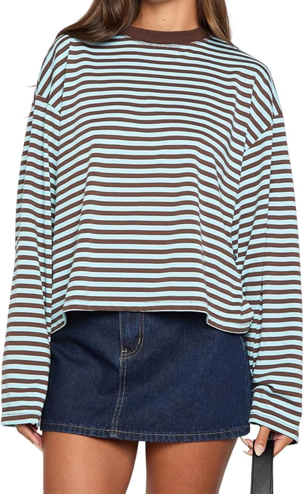 Oversized Striped Long Sleeve Shirt Women Y2k Crewneck Drop Shoulder Cropped Tees Teen Girls Bagg... | Amazon (US)
