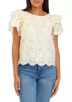 Women's Double Ruffle Sleeve Scallop Hem Eyelet Blouse | Belk