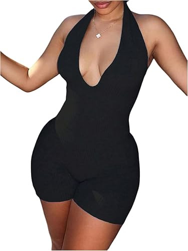 WDIRARA Women's Deep V Neck Sleeveless Halter Romper Lace Up Backless Skinny Knit Sexy Tank Jumps... | Amazon (US)