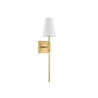 TUXEDO PARK LIGHTING 5 in. W x 24 in. H 1-Light Natural Brass Transitional Wall Sconce with White... | The Home Depot