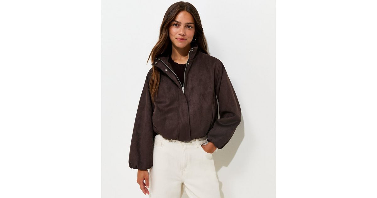 Women's Petite Dark Brown Faux Suede Bubble Hem Jacket New Look | New Look (UK)