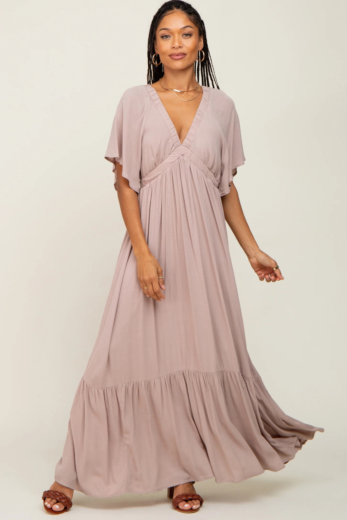 Taupe V-Neck Flounce Sleeve Maxi Dress | PinkBlush Maternity