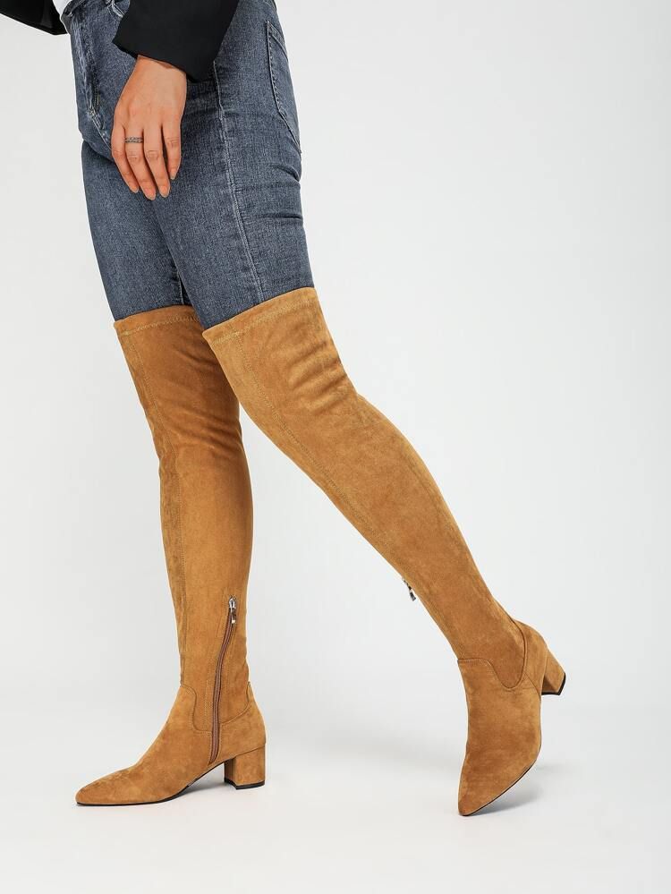 Faux Suede Zipper Side Point Toe Chunky Heeled Sock Boots | SHEIN