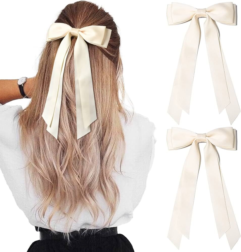 2PCS Silky Satin Hair Bows Hair Clip Beige Hair Ribbon Ponytail Holder Accessories Slides Metal C... | Amazon (US)
