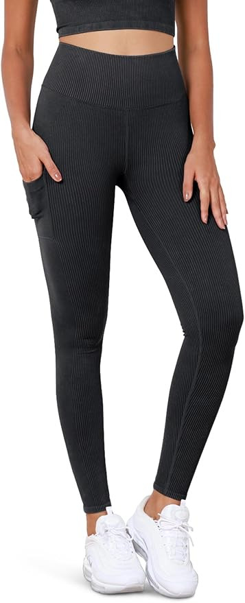 ODODOS Seamless Leggings for Women with Pockets High Waisted Acid Washed Ribbed Gym Workout Yoga ... | Amazon (US)