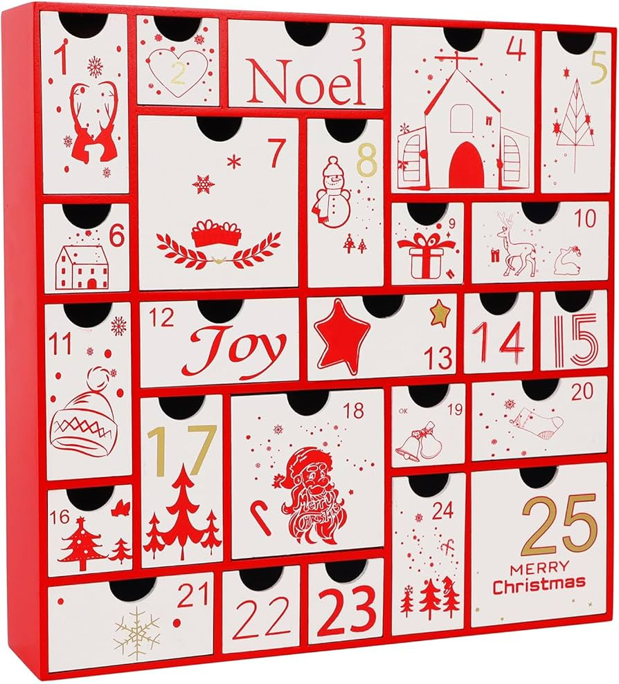 Juegoal Red Advent Calendar, 11.8 Inch Christmas Wooden Advent Calendar with 25 Large Drawers, Ch... | Amazon (US)