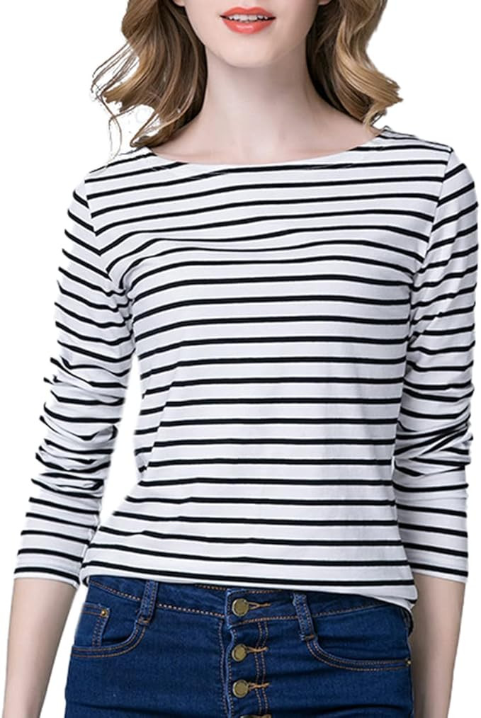 WSLCN Womens Casual Long Sleeve T-Shirt Boat Neck Slim Stripe Basic Tee Top | Amazon (US)