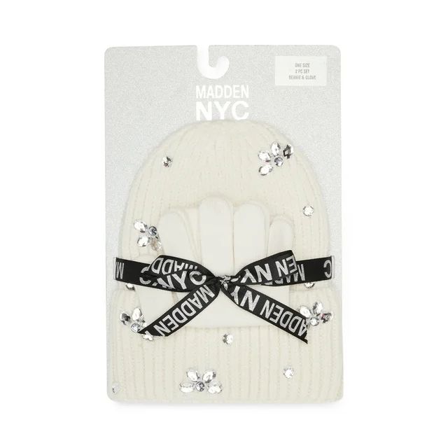 Madden NYC Women's Cuffed Beanie With Rhinestones And Magic Gloves, 2-Piece Gift Set Ivory | Walmart (US)