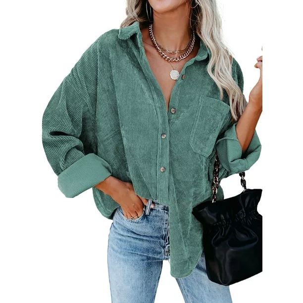 Rosfancy Corduroy Shirts Jacket Shacket for Women Oversized Long Sleeve Button Down Jackets Coat ... | Walmart (US)