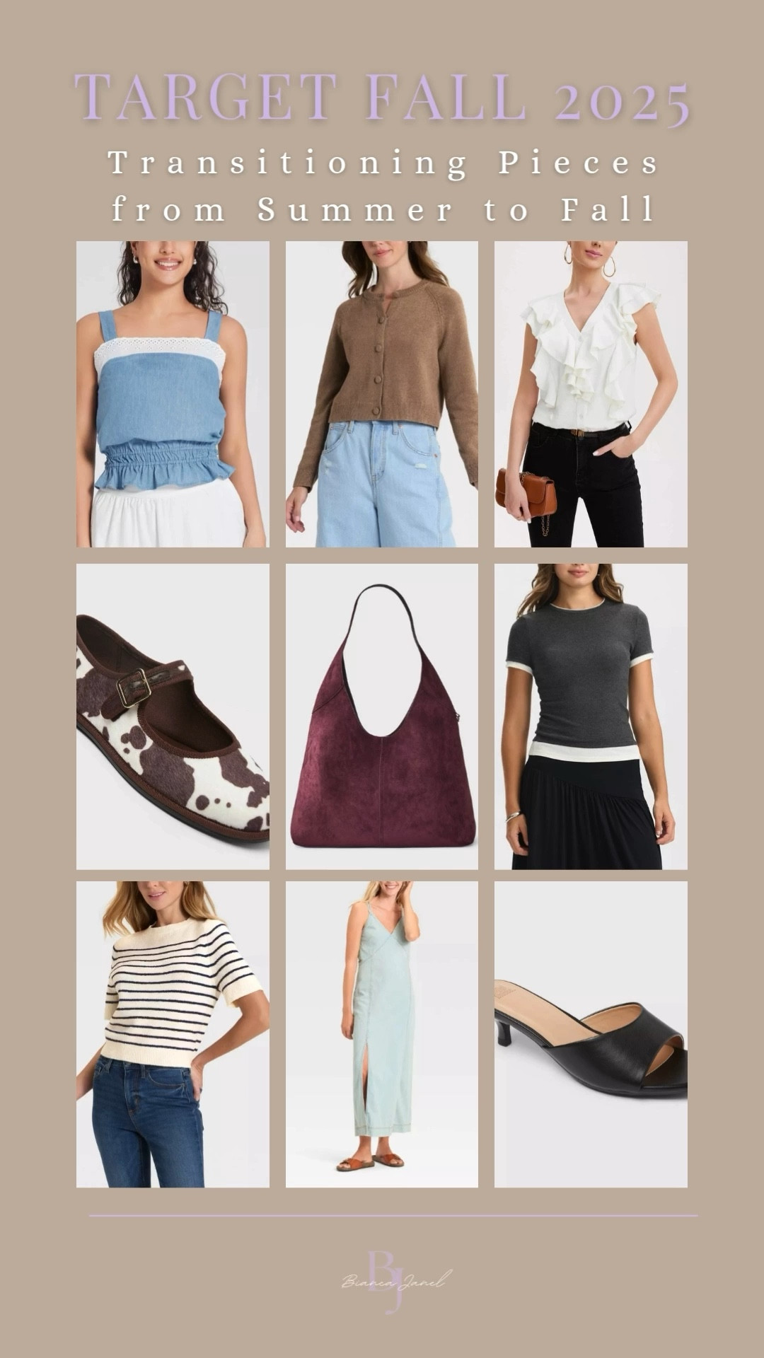 🍂 Target Fall 2025 Finds 🍂
Transition your wardrobe from summer to fall with these versatile Target staples! Think lightweight sweaters, trendy ruffle tops, and classic denim that work now and later. I’m especially loving the burgundy suede bags (a must-have shade this season), cozy cardigans, and the unexpected pop of cow print flats 🤎🐄

These pieces layer beautifully and make styling in-between weather a breeze. Tap to shop your faves before they sell out! 🛍️✨

#BiancaJanel #TargetStyle #FallFashion2025 #LTKFallFinds #FallTransitionStyle #AffordableFallFashion #TargetOutfits #FallWardrobeEssentials #BiancaJanelStyle #FallOutfitIdeas #LTKunder100 #TargetHaul #FallOOTD



#LTKStyleTip #LTKSeasonal #LTKFindsUnder50