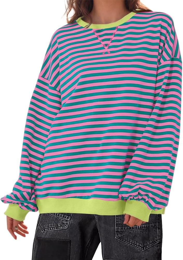Women Classic Striped Oversized Crewneck Dupes Color Block Long Sleeve Casual Sweatshirt Loose Pu... | Amazon (US)