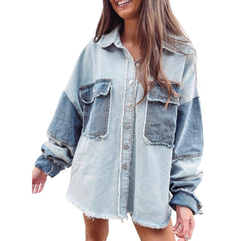 SHEWIN Womens Jean Jacket Oversized Distressed Shacket Color Block Patchwork Frayed Hem Denim Jac... | Walmart (US)