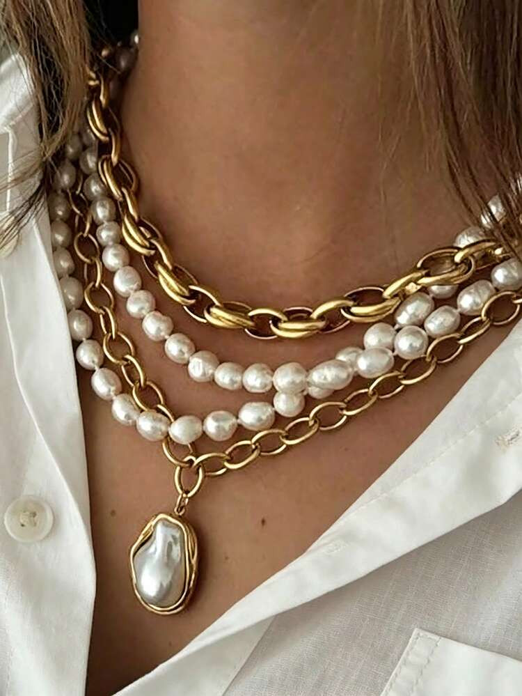 4pcs/3pcs Vintage Elegant Minimalist Bohemian Style Multi-Layer Baroque Pearl Necklace, Suitable ... | SHEIN