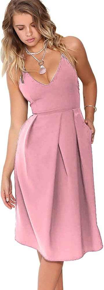 Eliacher Women's Deep V Neck Adjustable Spaghetti Straps Summer Dress Sleeveless Sexy Backless Pa... | Amazon (US)