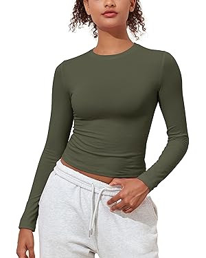 kayamiya Women's Basic Long Sleeve Cotton Shirts Tight Fit Fall Crewneck Trendy Y2K Crop Tops | Amazon (US)
