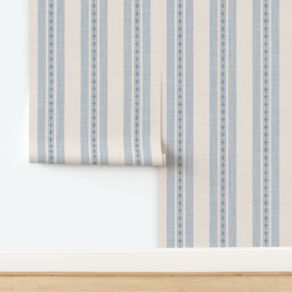 Wallpaper in Linen look rustic farmhouse ticking stripe wide / light blue and cream | Spoonflower