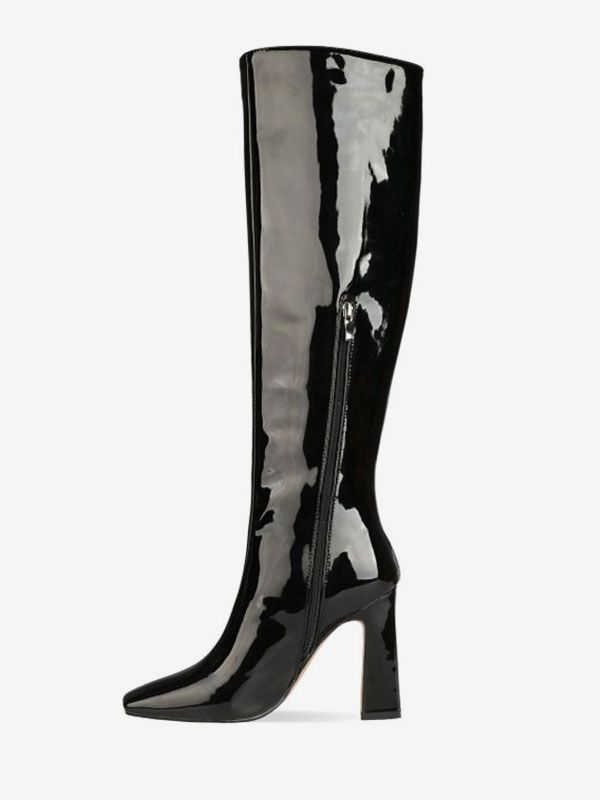Knee-High Boots Leather Black Square Toe Bright Leather Chunky Heel High Heel Knee Length Boots F... | Milanoo