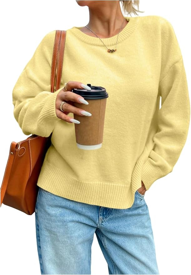 GORGLITTER Women's Crew Neck Oversized Knitted Sweater Long Sleeve Drop Shoulder Lightweight Pull... | Amazon (US)