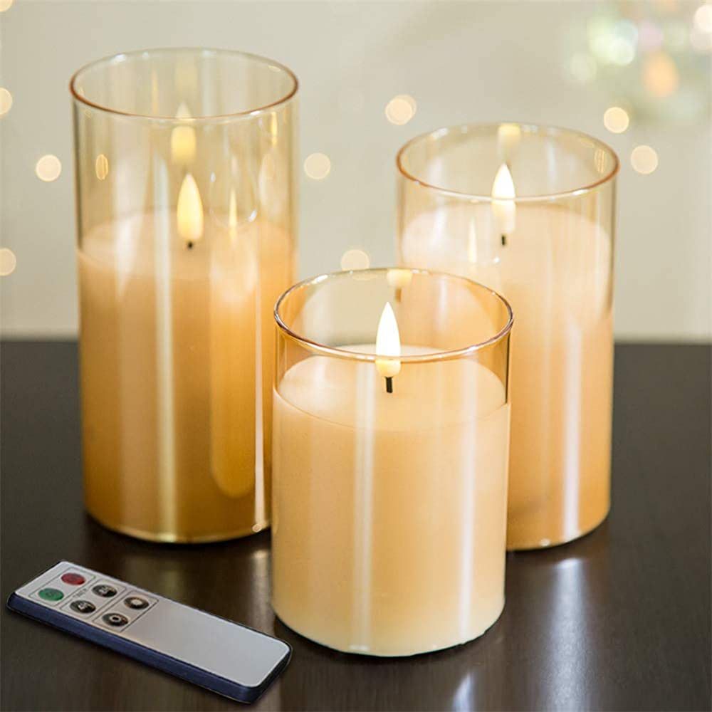 Eywamage Gold Glass Flameless Candles with Remote, Flickering Real Wax Wick Battery LED Pillar Ca... | Amazon (US)