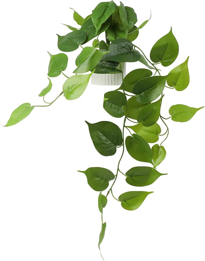 Fake Pothos Hanging Plant – Artificial Plastic Ivy Vines with White Pot, Realistic Faux Greener... | Amazon (US)