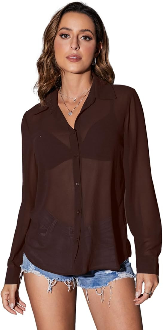 OYOANGLE Women's Mesh Sheer Long Sleeve Shirt See Through Button Down Blouse Top | Amazon (US)