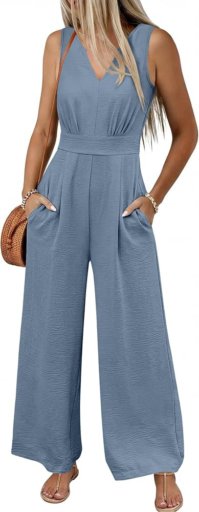 ANRABESS Women Jumpsuits 2026 Casual Sleeveless V Neck Wide Leg Jumper Romper Beach Vacation Clot... | Amazon (US)