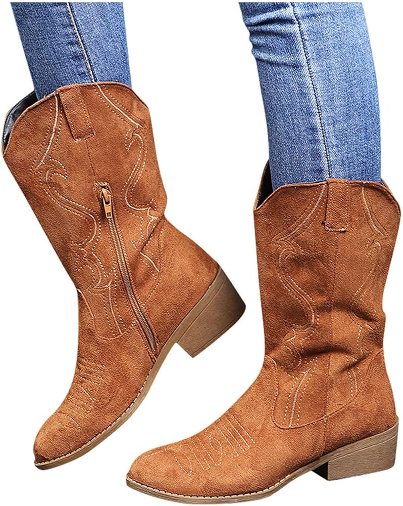 Hbeylia Cowboy Boots For Women Boho Embroidered Suede Wide Calf Western Cowgirl Boots With Side Zipp | Amazon (US)