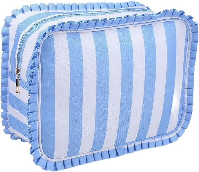 Blue Striped Ruffle Makeup Bag Large Travel Cute Checkered Cosmetic Toiletry Bag with Zipper for ... | Amazon (US)