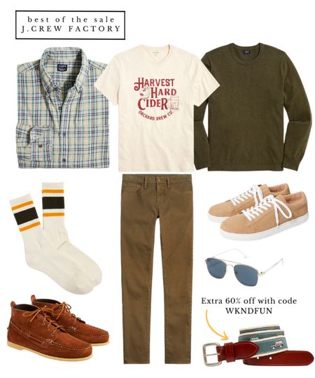 50% off everything JCrew Factory fall sale / Fall outfits inspiration! A flannel shirt, graphic t shirt, cotton sweater and fun embroidered belt will have him looking stylish at the farmers market. #falloutfit #fallfashion #fallsale #jcrewfactory 