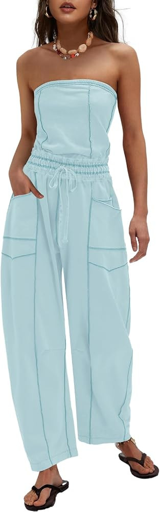 Womens Casual Strapless Jumpsuits off the Shoulder Summer Rompers Sleeveless One Piece Outfits wi... | Amazon (US)