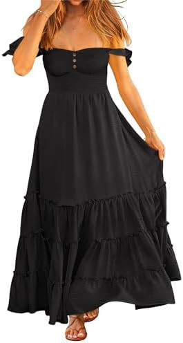 ANRABESS Womens Summer Casual Off The Shoulder Maxi Long Dress 2026 Smocked Ruffle Strap Backless... | Amazon (US)