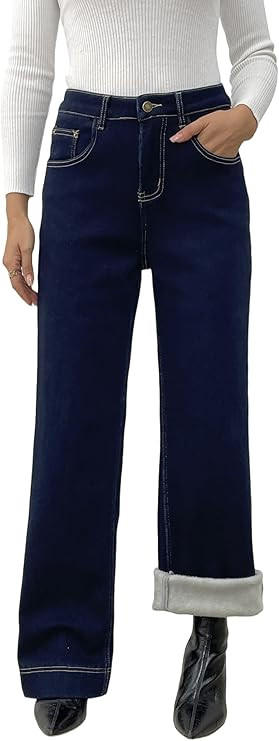 heipeiwa Women's Fleece Lined Jeans Wide Leg Baggy Winter Jeans Thermal Flannel Lined Jean Denim ... | Amazon (US)
