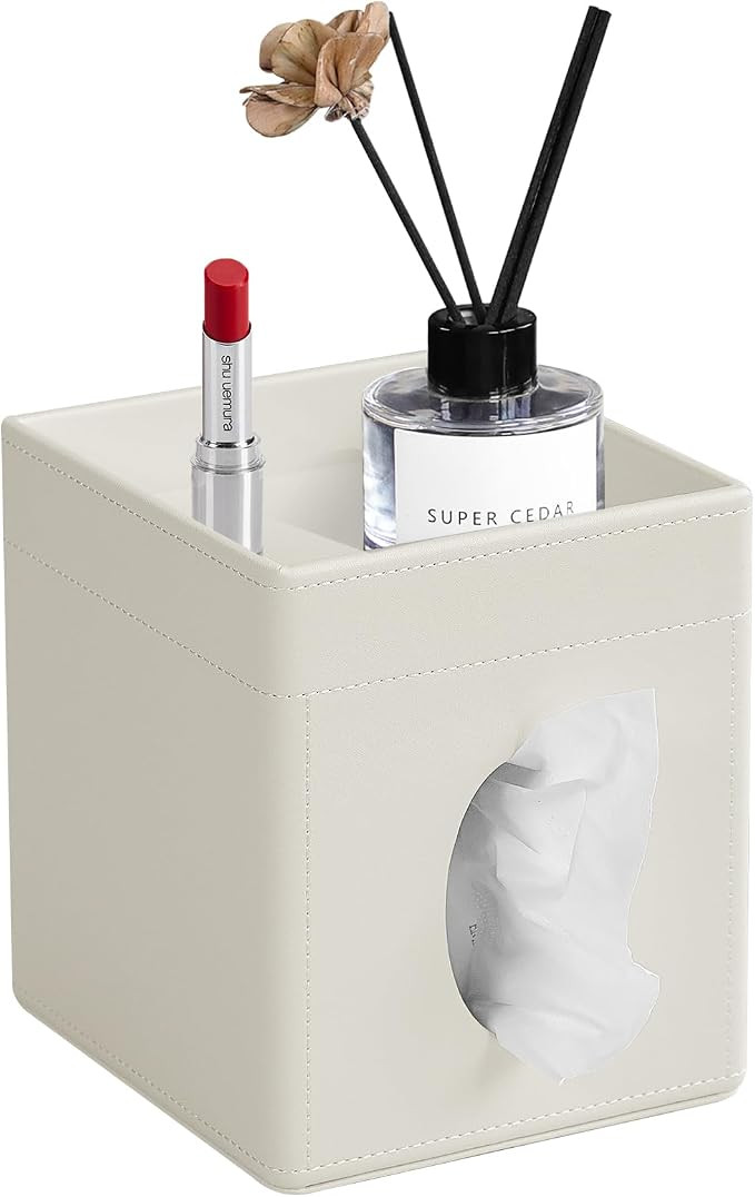 Tissue Box Cover, PU Leather Square Tissue Box Holder with Storage Tray for Bathroom Vanity Count... | Amazon (US)