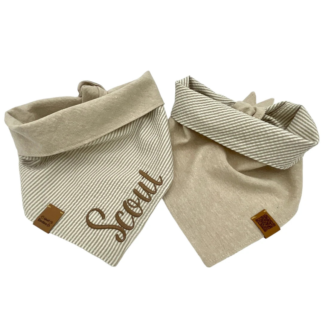 Seersucker Dog Bandana Personalized Striped Tan Neutral Dog Bandanas Tie & Snap Puppy Neck Scarf ... | Etsy (US)