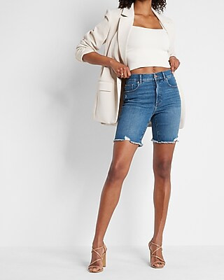 High Waisted Medium Wash Bermuda Jean Shorts | Express