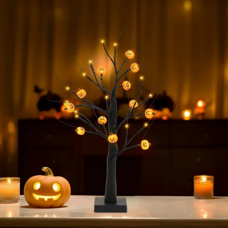 2FT Halloween Light-Up Tree with 12 Glowing Pumpkin Ornaments - Black Tabletop Decor, Battery/USB... | Walmart (US)