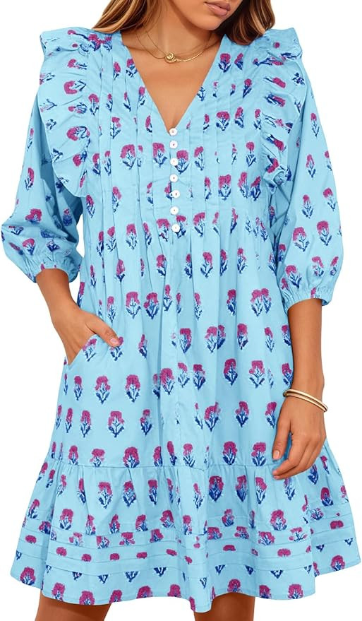 Wenrine Womens Mini Dresses Casual Ruffle 3/4 Lantern Sleeve Floral V Neck Loose Boho Babydoll Dr... | Amazon (US)